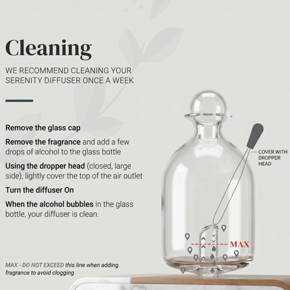 Instructions de nettoyage étape par étape pour le diffuseur d'huiles essentielles sans eau Alphinea Serenity, montrant comment nettoyer en toute sécurité le flacon en verre soufflé à la main à l'aide d'alcool et de l'embout compte-gouttes inclus.