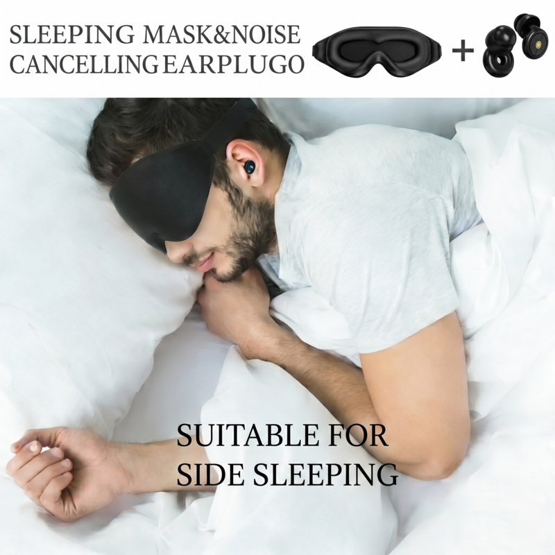 Man sleeping comfortably on his side wearing the Alphinea 3D contour sleep mask and earplugs, demonstrating the pressure-free fit for side sleepers.