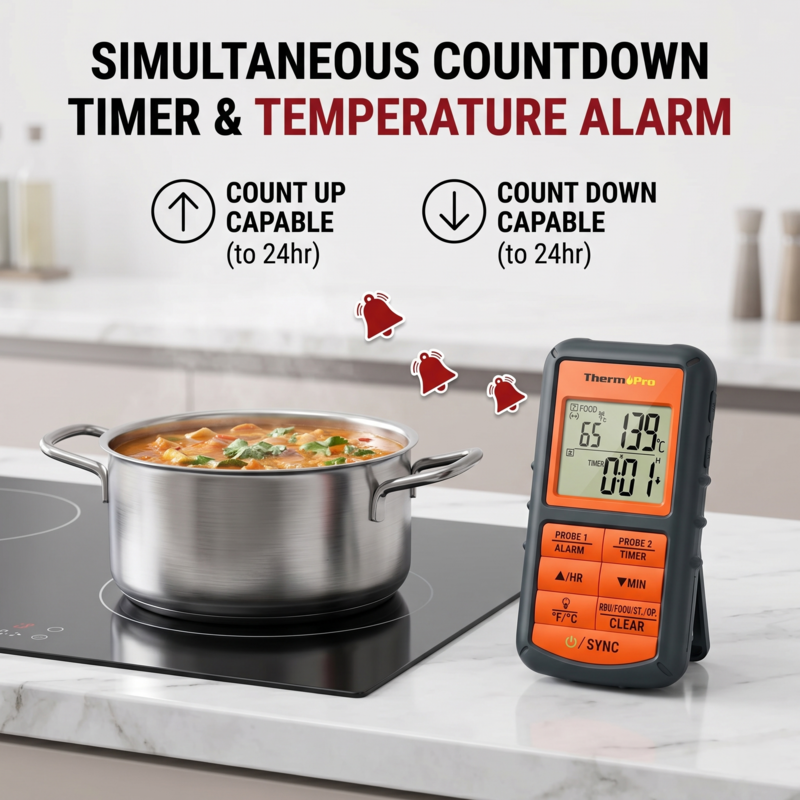 Alphinea digital food thermometer displaying a simultaneous countdown timer and temperature alarm next to a boiling pot on a stovetop, perfect for precise kitchen cooking.