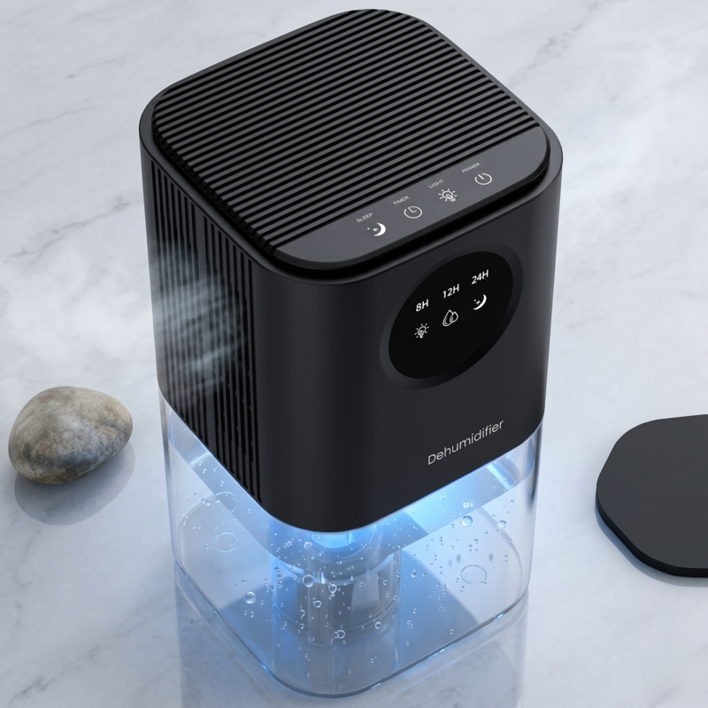 Black variant of the Alphinea Portable Dehumidifier showcasing a sleek, compact profile that fits seamlessly into professional workspaces and modern living areas.