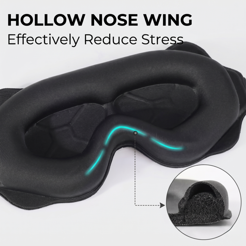 Detailed view of the black Alphinea sleep mask's hollow nose wing, designed to effectively reduce pressure while creating a perfect light seal to boost melatonin.