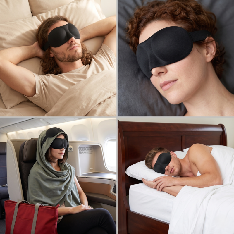 People sleeping comfortably in bed and on an airplane while wearing the Alphinea blackout sleep mask.