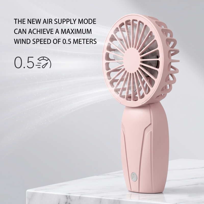 Alphinea small portable fan operating quietly on a desk, featuring graphical lines that demonstrate its high-efficiency cooling and maximum wind speed reach.