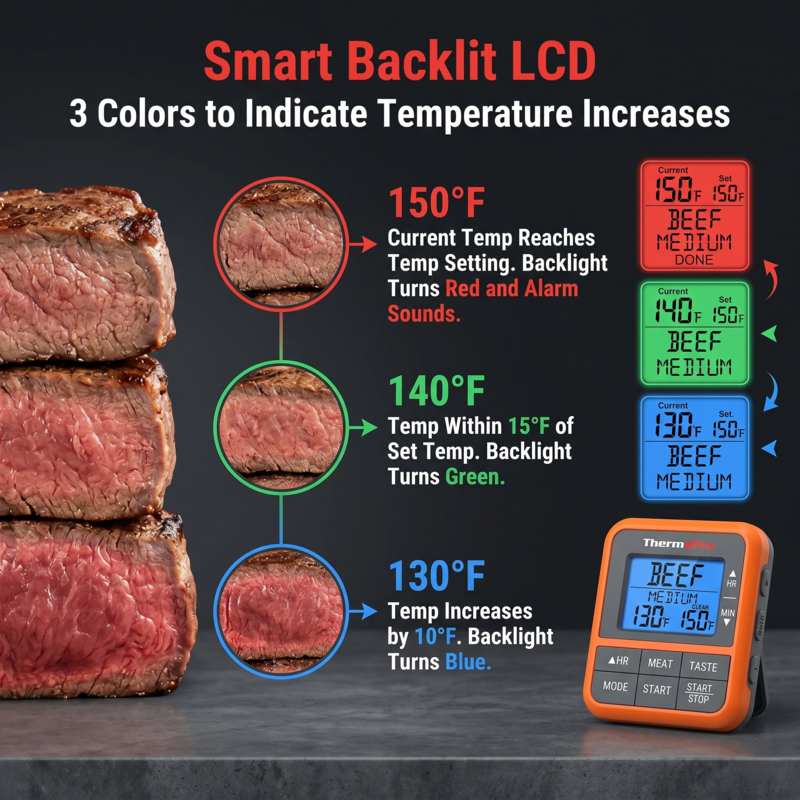 Thermomètre numérique Alphinea doté d'un écran LCD rétroéclairé intelligent qui change de couleur du bleu au rouge pour indiquer la cuisson de la viande.