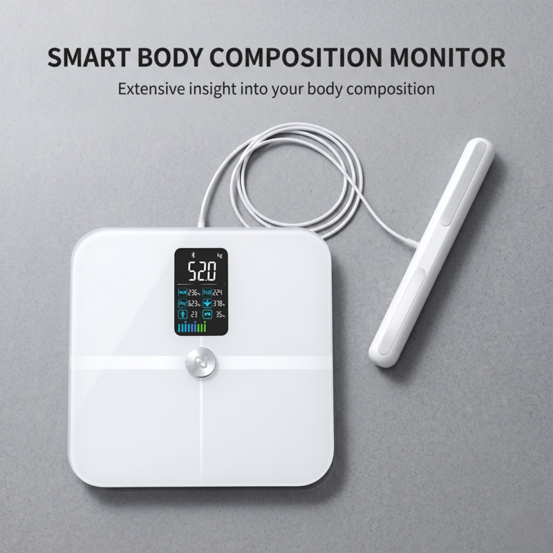 Balance intelligente Alphinea pour la mesure de la composition corporelle, avec poignée de mesure main-pied à 8 électrodes.