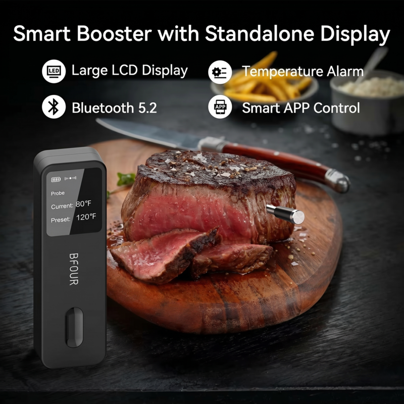 Perfectly cooked steak on a wooden cutting board next to the Alphinea smart booster, highlighting Bluetooth 5.2 connectivity and smart temperature alarms for culinary mastery.