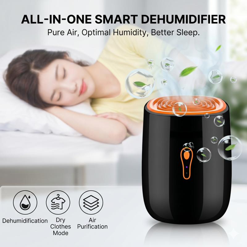 Alphinea all-in-one smart dehumidifier and air purifier operating quietly next to a sleeping woman, featuring icons for dehumidification, dry clothes mode, and air purification.