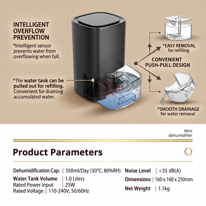 Alphinea smart dehumidifier highlighting intelligent overflow prevention and a convenient push-pull 1000ML water tank design for easy emptying.