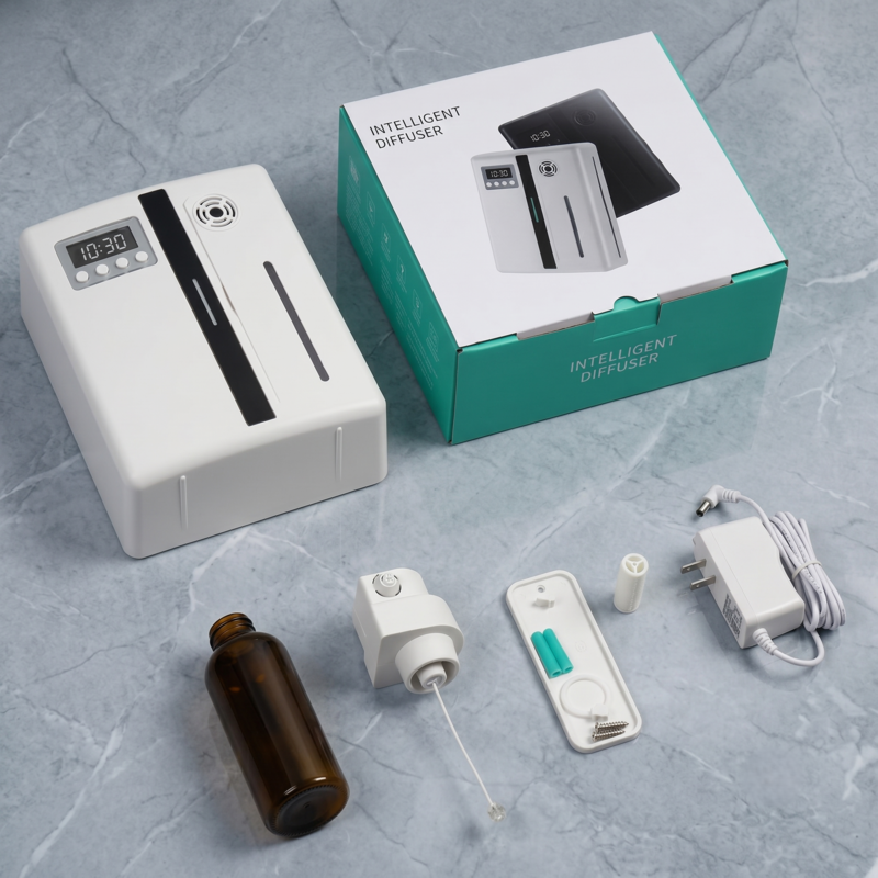 Déballage du système de diffusion de parfum intelligent Alphinea : présentation du diffuseur blanc, de la boîte d’emballage de la marque, du flacon d’huile rechargeable et de l’adaptateur secteur.