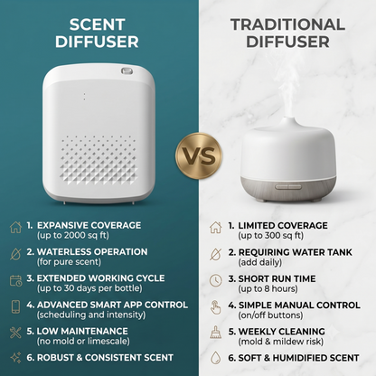 Tableau comparatif montrant les avantages du diffuseur de parfum intelligent sans eau Alphinea par rapport aux diffuseurs traditionnels à base d'eau.