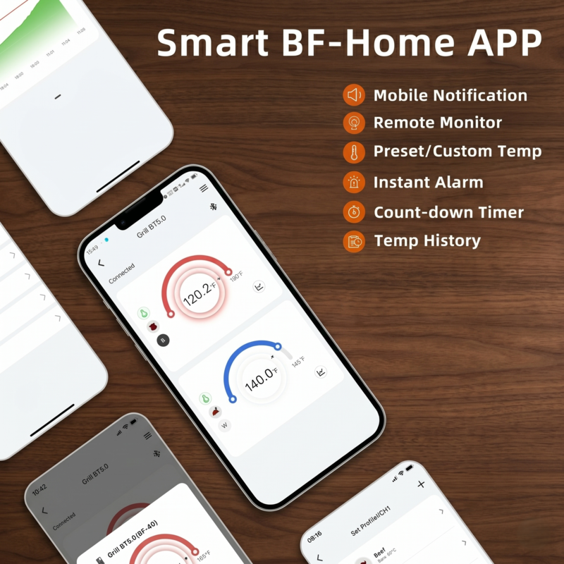 Affichage des fonctionnalités de l'application intelligente Alphinea, notamment les notifications mobiles, la surveillance à distance, les préréglages personnalisés, les alarmes instantanées et les graphiques d'historique de température.