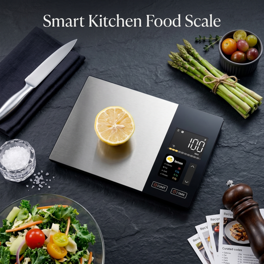 Alphinea smart kitchen food scale with digital display measuring a lemon on a dark slate countertop.