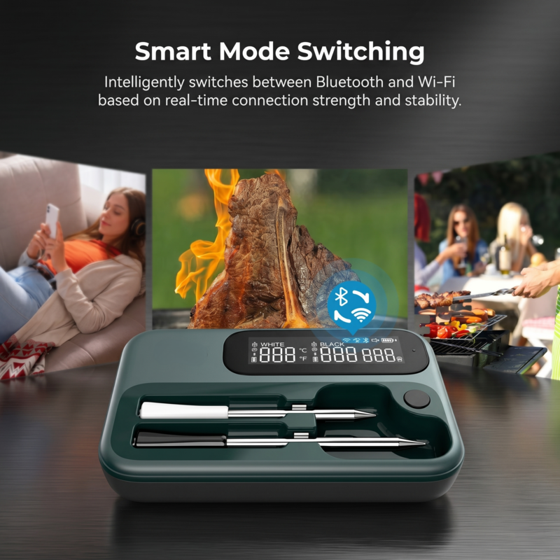Graphique illustrant le changement de mode intelligent du thermomètre Alphinea, qui passe de manière transparente du Bluetooth au Wi-Fi en fonction de la force de la connexion en temps réel.