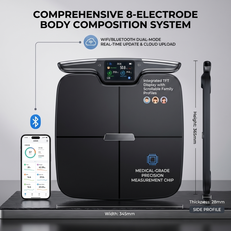 Système complet d'analyse de la composition corporelle à 8 électrodes d'Alphinea, présentant la poignée extensible pour la mesure du corps entier.
