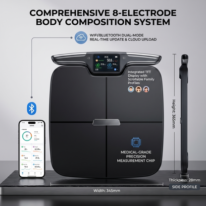 Système complet d'analyse de la composition corporelle à 8 électrodes d'Alphinea, présentant la poignée extensible pour la mesure du corps entier.