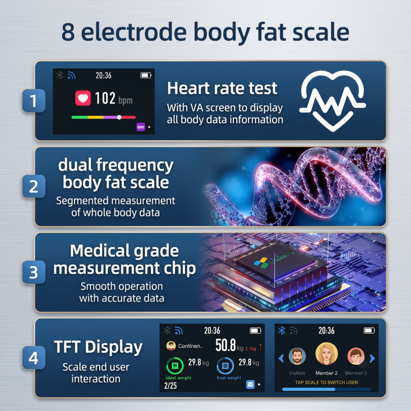 Graphique détaillant la technologie avancée intégrée à la balance Alphinea à 8 électrodes, notamment une puce de mesure de haute précision et un test de fréquence cardiaque.