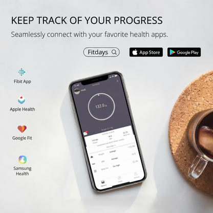 Synchronisez vos données de santé avec l'application pour balance connectée Alphinea ; compatible avec Apple Health et Google Fit.
