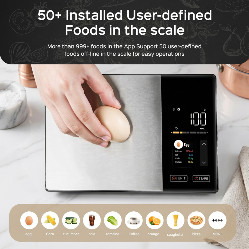 Weighing an egg on the Alphinea smart scale using the 50 plus pre-installed user-defined food settings.