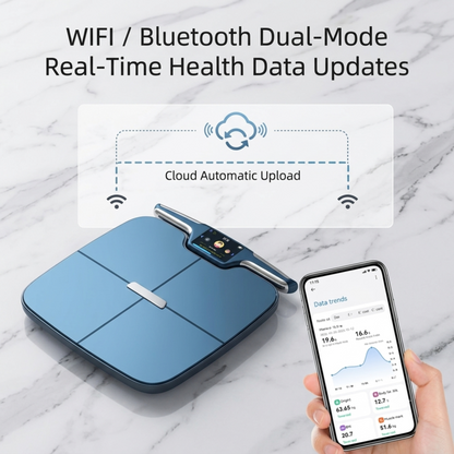 La balance connectée Alphinea illustre les capacités bimodes WiFi et Bluetooth pour la mise à jour des données de santé en temps réel et la synchronisation avec le cloud.