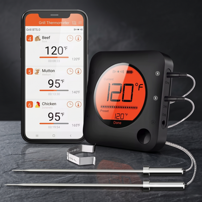 Écrans de smartphones affichant l'interface de l'application de cuisson intelligente Alphinea, avec notifications mobiles, préréglages de température personnalisés, minuteurs et historique des températures.