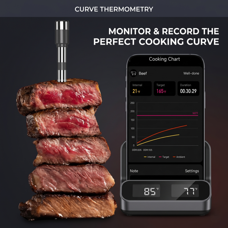Perfectly seared medium-rare steak slices displayed next to a smartphone showing the Alphinea app's intelligent cooking curve graph for restaurant-quality results.