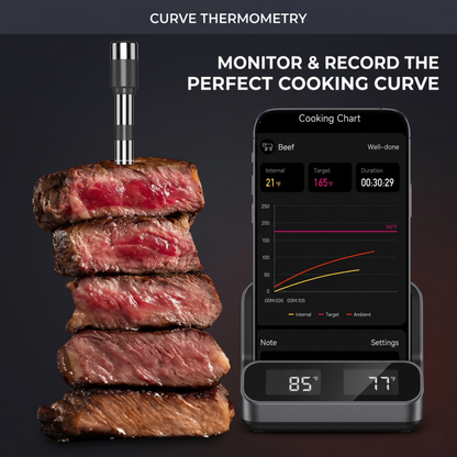 Perfectly seared medium-rare steak slices displayed next to a smartphone showing the Alphinea app's intelligent cooking curve graph for restaurant-quality results.