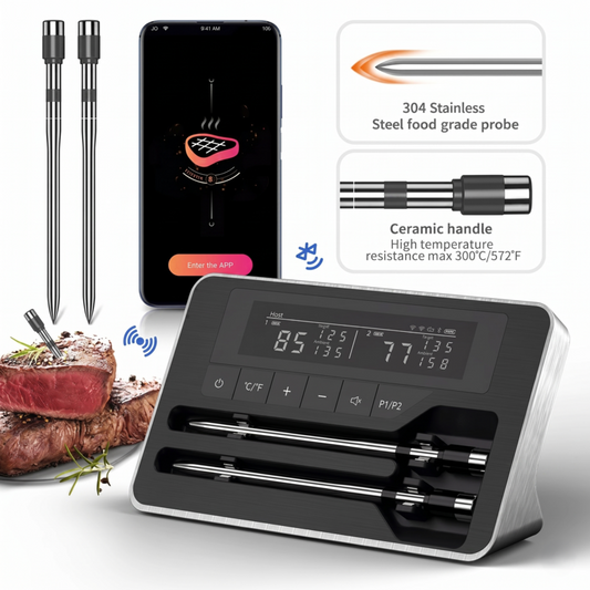 Das Alphinea Smart Wireless Fleischthermometer-System verfügt über ein kontrastreiches LCD-Bedienfeld, zwei Sonden aus Edelstahl 304 und eine Smartphone-App-Schnittstelle für präzise Kochkontrolle.