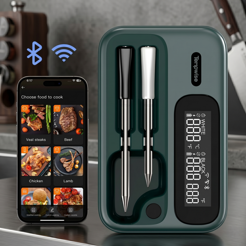 Ensemble de thermomètres à viande sans fil intelligents Alphinea comprenant un étui de chargement avec affichage numérique, deux sondes élégantes et un smartphone affichant l'application de cuisine associée.