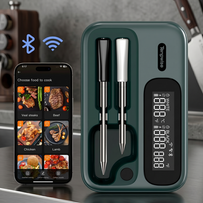 Ensemble de thermomètres à viande sans fil intelligents Alphinea comprenant un étui de chargement avec affichage numérique, deux sondes élégantes et un smartphone affichant l'application de cuisine associée.