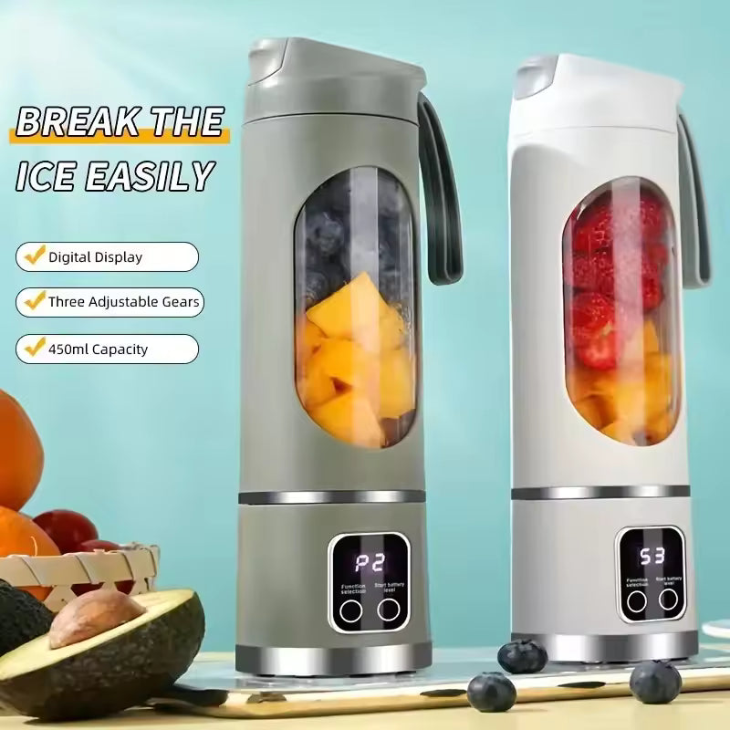 Grey and white Alphinea portable blenders standing next to fresh fruit, highlighting the digital display, three adjustable gears, and 400ml capacity.