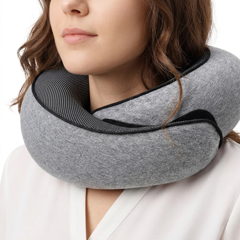 Close-up of a woman wearing the gray Alphinea Snail-Style Memory Foam Pillow, demonstrating its 360-degree wrap-around architecture and snug fit for neck pain relief.
