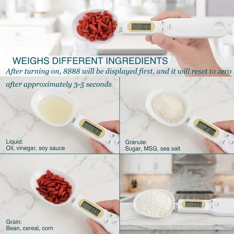 Collage demonstrating the Alphinea spoon scale accurately weighing different kitchen ingredients like cooking oil, flour, and spices.