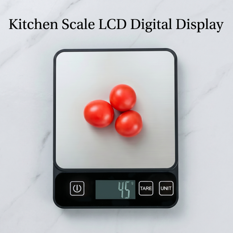 Draufsicht auf die elegante digitale Küchenwaage Alphinea, die das Gewicht von Kirschtomaten auf ihrer Edelstahloberfläche misst.