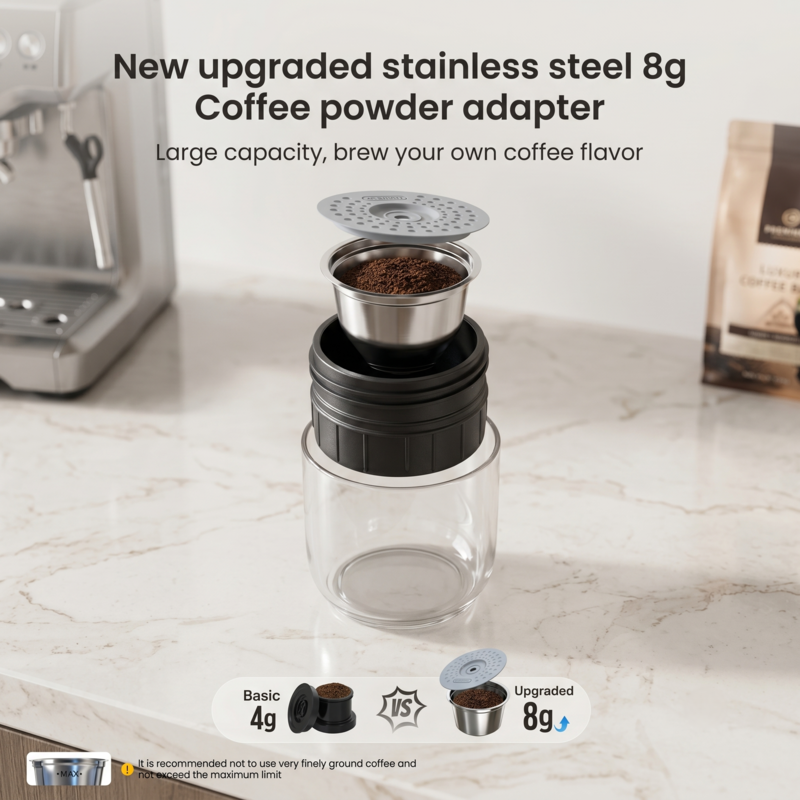 Adaptateur amélioré en acier inoxydable de 8 grammes pour café moulu, destiné à la machine à expresso portable Alphinea.
