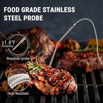 Sonde de température Alphinea en acier inoxydable de qualité alimentaire, de haute précision, mesurant la température d'un steak sur un gril chaud.