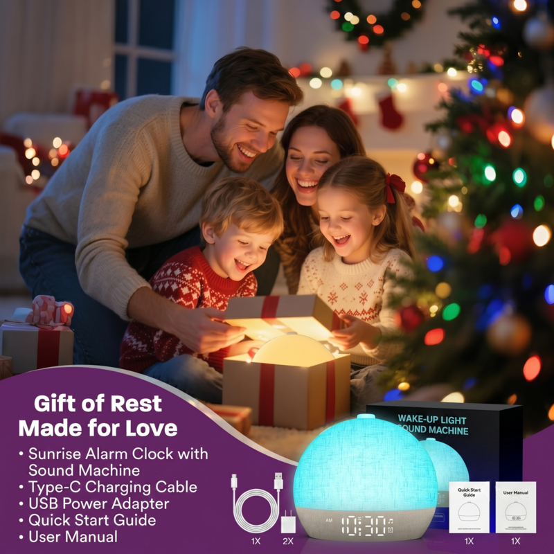 Une famille ouvre avec joie le réveil-lever de soleil et la machine à sons Alphinea en cadeau de Noël, près d'un sapin de Noël illuminé.
