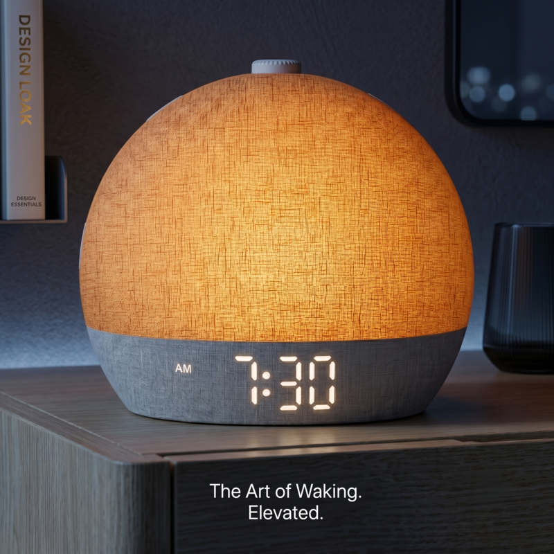 Réveil et lampe de réveil Alphinea Sunrise, doté d'un abat-jour en lin naturel et d'un affichage numérique de l'heure, illuminant une table de chevet moderne.