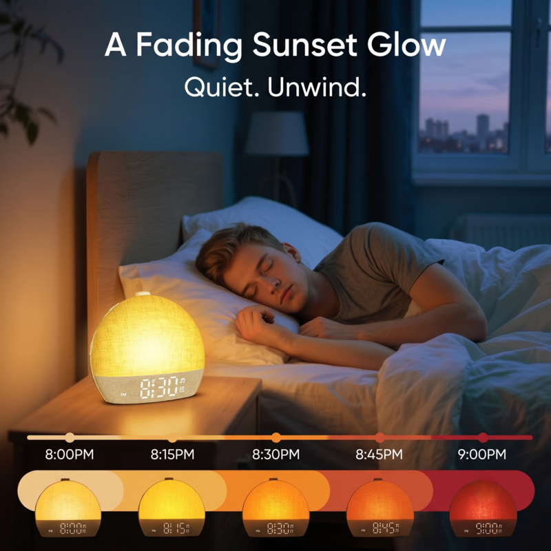 Un homme dort paisiblement à côté de la lampe de réveil Alphinea, illustrant la fonction de dégradé de lumière du coucher de soleil avec une minuterie de sommeil progressive.