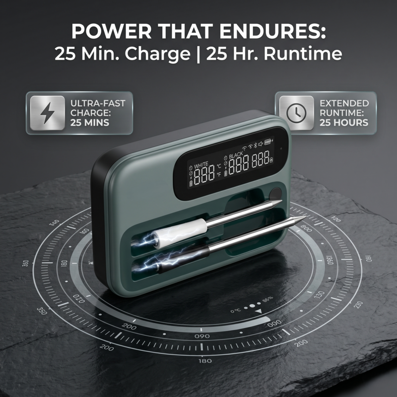 Boîtier de charge Alphinea affichant l'autonomie de la batterie, doté d'une charge ultra-rapide de 25 minutes offrant une autonomie prolongée de 25 heures.