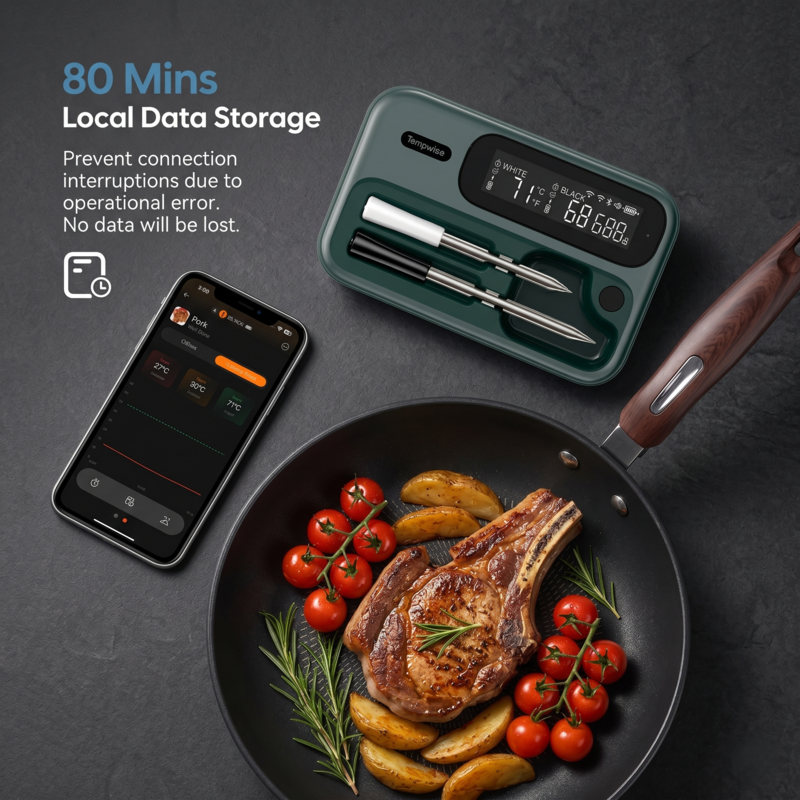 Le thermomètre à viande intelligent Alphinea est présenté à côté d'un steak saisi, mettant en évidence ses 80 minutes de stockage local des données hors ligne afin d'éviter les interruptions de connexion.