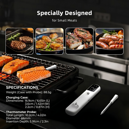 Alphinea Bluetooth meat thermometer probe inserted into small cuts of meat and salmon on a BBQ grill, ensuring Chef-Standard results.
