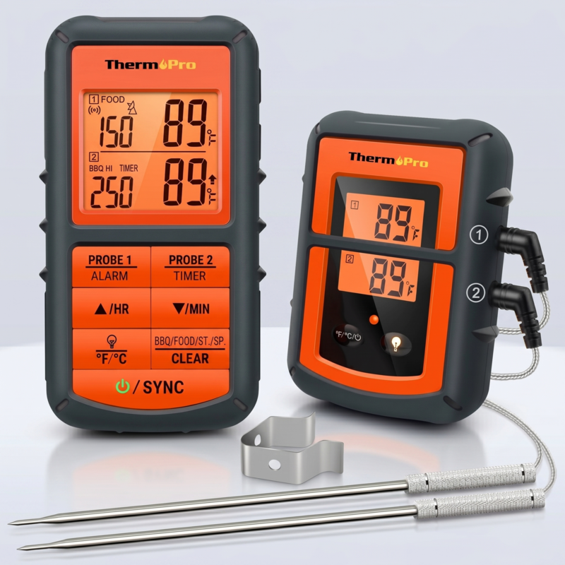 Alphinea TP08C Dual-Probe Wireless Meat Thermometer featuring a digital receiver, transmitter, two medical-grade stainless steel probes, and a grill clip for professional BBQ and smoker monitoring.