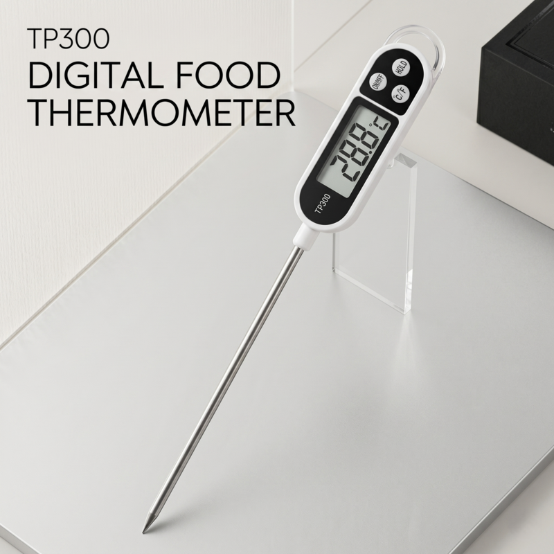 Close-up of the Alphinea TP300 digital food thermometer resting on a modern kitchen counter, displaying a precise 28.8°C reading on its LCD screen.