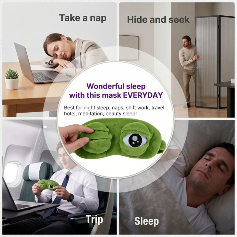 A collage demonstrating the versatility of the Alphinea blackout sleep mask for everyday use, including taking an office power nap, playing hide and seek, resting on a long-haul flight, and getting deep sleep in bed.