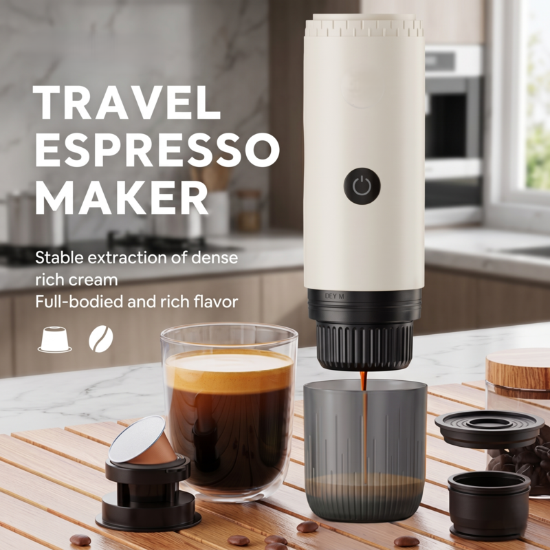 Machine à expresso de voyage Alphinea, extrayant un expresso riche et corsé avec une crème onctueuse dans une tasse en verre