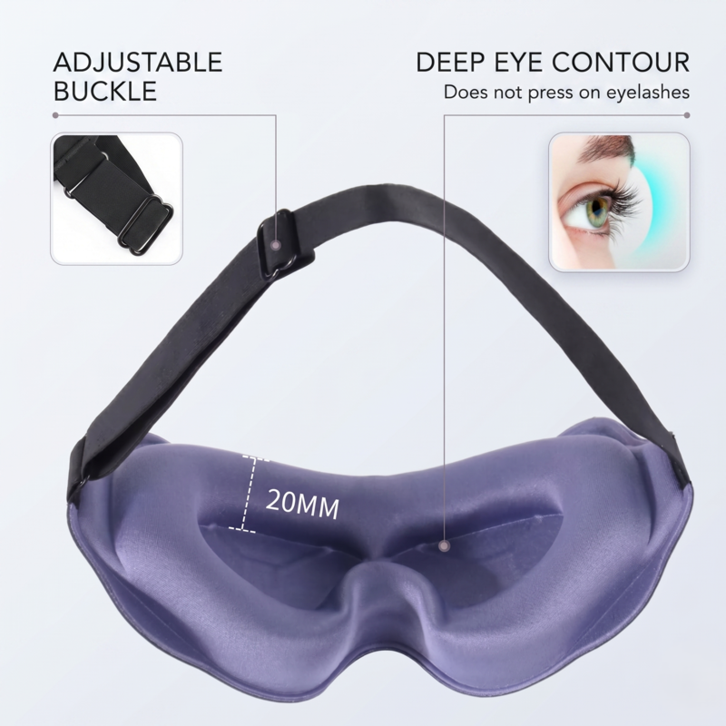 Close-up of the purple Alphinea sleep mask showing the snag-free adjustable buckle and 20mm deep eye cavities that protect eyelashes and allow for natural blinking.