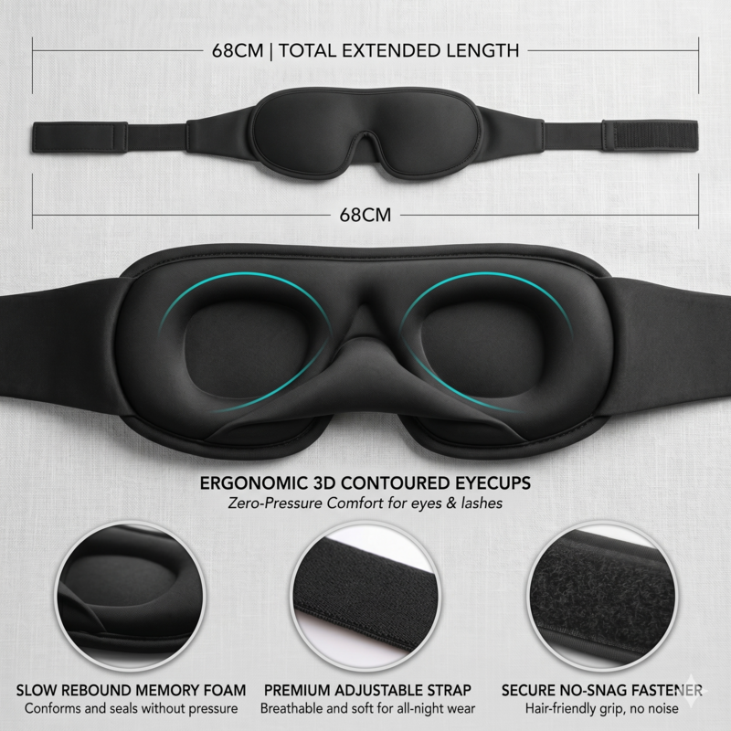 Back and extended view of the Alphinea travel eye mask, showcasing the low-profile premium adjustable strap and ergonomic 3D contoured eyecups for a custom fit.