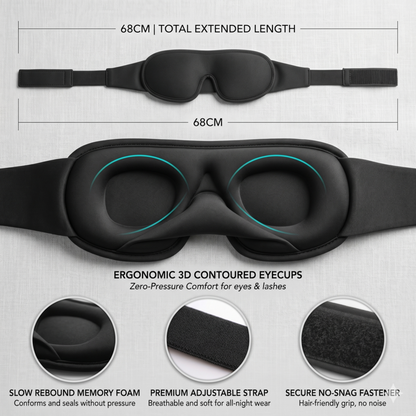 Back and extended view of the Alphinea travel eye mask, showcasing the low-profile premium adjustable strap and ergonomic 3D contoured eyecups for a custom fit.