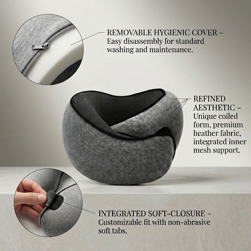 Detailed product features of the Alphinea Snail-Style Pillow, highlighting the removable hygienic cover, hidden zipper, and integrated soft-closure tabs for a secure fit.