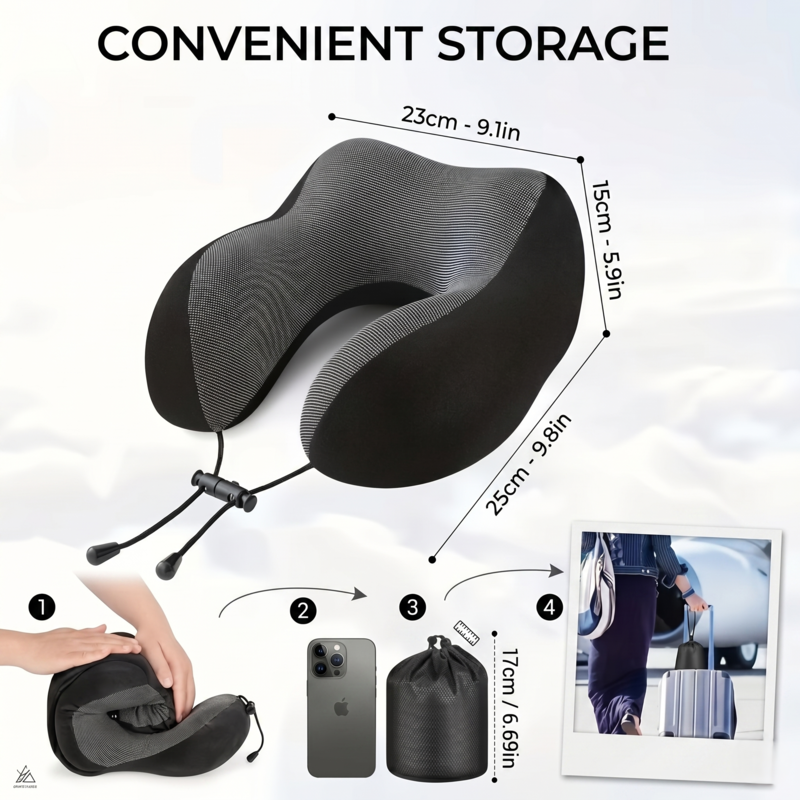 Sizing and storage guide for the Alphinea hooded neck pillow. Diagrams show the 360-degree ergonomic pillow dimensions and a 4-step process for rolling the memory foam into its convenient storage bag.